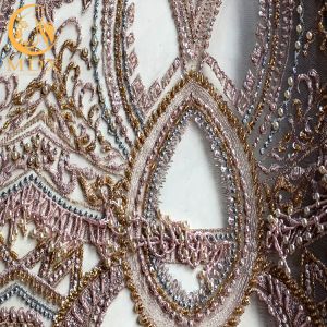 Purple 3D Beads Wedding Lace Fabrics Multicolor 91.44cm Length With Sequins