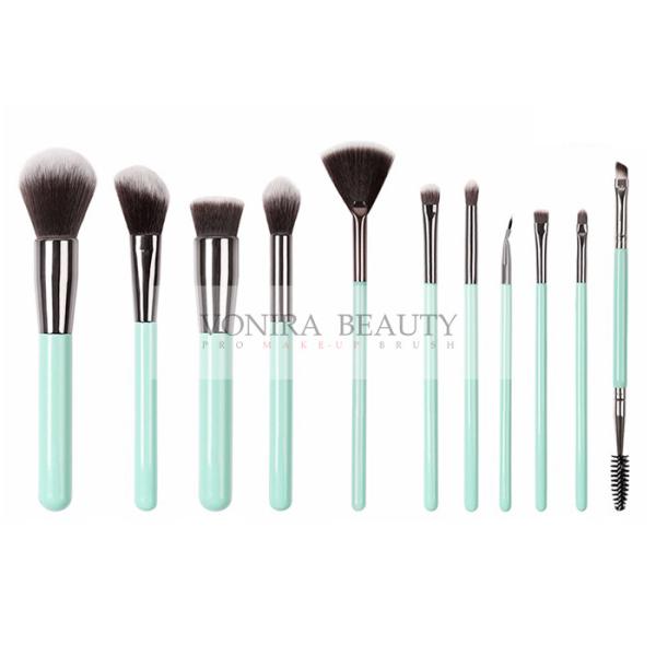 Quality Custom 11 Pieces Synthetic Haired Taklon Makeup Brushes Kit With Mint Green Handle wholesale