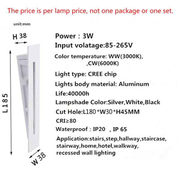 3W Recessed Led Stair Light AC85-265V Indoor IP20 Corner Wall Stairs lights (WH-RC-01)