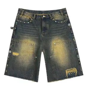 Cheap Custom Distressed Men's Baggy Denim Jorts Vintage Distressed Washed High Waist Rhinestones Skate Shorts High Heavy Quality Jorts for sale