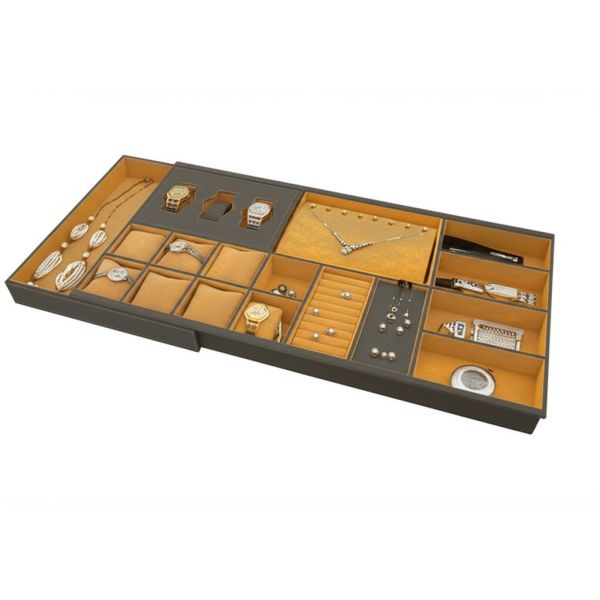 Quality YG-H028 Modular Jewelry Drawer Organizer Tray, 700x402x55mm Customizable Wardrobe Storage Box with 18 Compartments, Handmade with PVC Leather & Velvet Lining wholesale