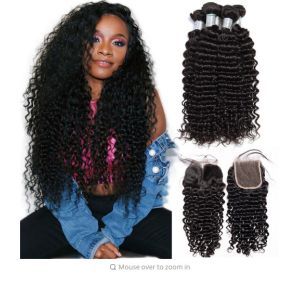 Deep wave Peruvian Virgin Unprocessed Human Hair Bundles With Closure 4 By 4