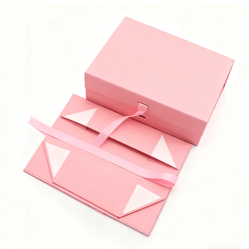 Custom Logo Quality Ribbon Folding Box Pink Black Rectangle Shape Magnetic Art
