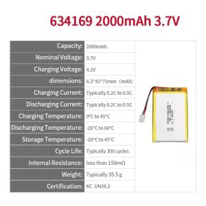 High Discharge Rate Battery 30C Max60C Rechargeable 634169 2000mAh 3.7V Li