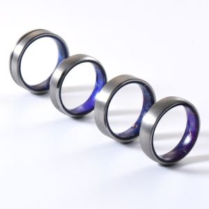 China Sample Making 6mm Brushed Silver Tungsten Carbide Rings Inlay Blue Purple Box Elder Wood Flat Dome Beveled Edge Wedding Band on sale