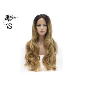 Cheap Long Ginger Synthetic Blonde Lace Front Wig With Dark Roots Wavy Curly Style for sale