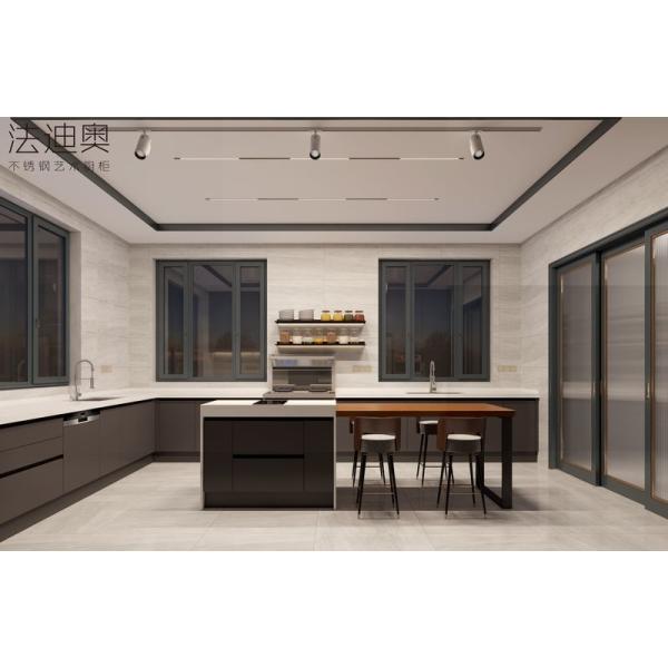 Charcoal Black Elegance Stainless Steel Kitchen Cabinets With Functional U-Shaped Layout - Durable stainless steel countertops for food preparation, paired with feature detail