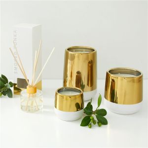 Luxury Handmade Custom Ceramic Candle Jars With Golden Electroplated