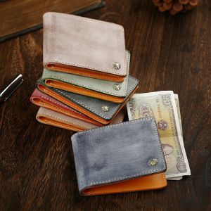 Simple Short Wallet in Vegetable Tanned Leather with Silver Nails and Matt Wax