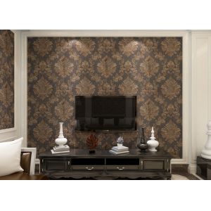 Removable Victorian Damask Wallpaper Embossed Black and Golden Pattern , 0.53
