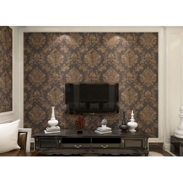 Quality Removable Victorian Damask Wallpaper Embossed Black and Golden Pattern , 0.53*10m/ roll wholesale