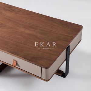 2 Drawer Wooden With Leather Rectangle Metal Frame Modern Coffee Table