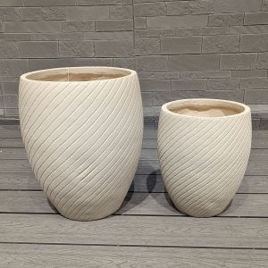 Cylindrical Shape Neutral Beige Fiber Clay Planter Evenly Spaced Ridges Pattern