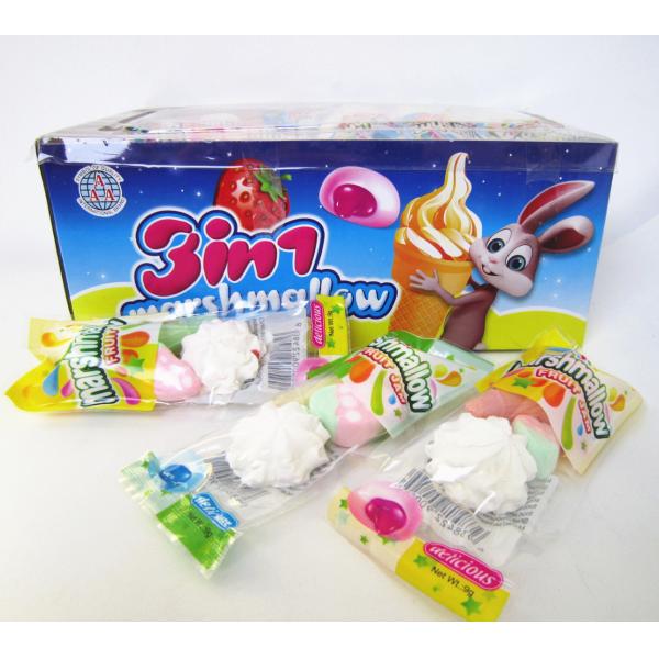 Quality Healthy Snack Foods 3 In 1 Fruity Flavor Marshmallow Candy In Strawberry Shape wholesale