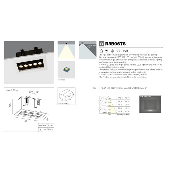 Adjustable LED Recessed Downlight LED Linear Downlight 5 Heads 10.5W