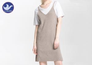 China Spaghetti Strap Ribbed Midi Womens Knitted Dresses V Neck Loose Fitting Side Slit on sale