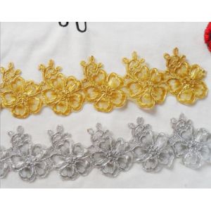 Gold Wire Embrodery Lace Edge with Cord Embroidery Sliver Lace Trim
