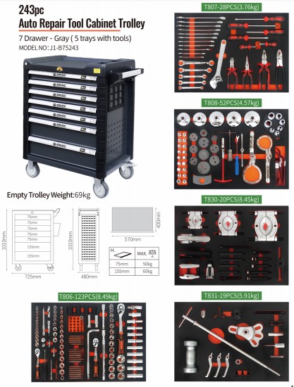 243pcs Mobile Tool Cabinet 7 Drawers 69kg Chest Workbench
