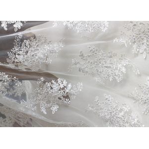 Luxury Ivory Embroidery Cord Sequin Lace Fabric / French Bridal Sequin Mesh