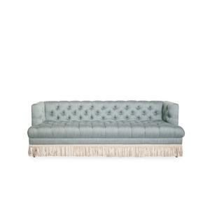 China New Design Classics Style Living Room Sofa  3 Seater Grey Velvet Fabric Sofa With Fashionable Tasseles on sale