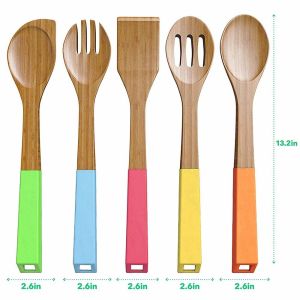 Heat Resistant 5 Piece Bamboo Utensil Set With Spatula And Mixing Spoon