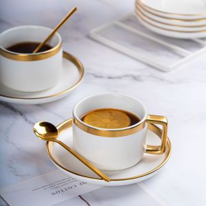 Matte White Ceramic Porcelain Coffee Tea Cups Saucers Sets With Gold Handle