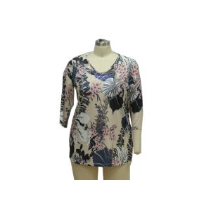 China Ladis Shirt Little V-Neckline Shiny Reinstone Decoration 3/4 Sleeves Digital Printing Ladies Fashion Shirt on sale