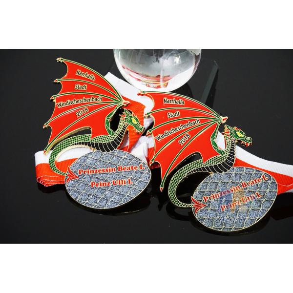 Quality Soft Enamel Glitter Colors Custom Award Dragon Meadls Design Red / White Tripe Ribbon wholesale