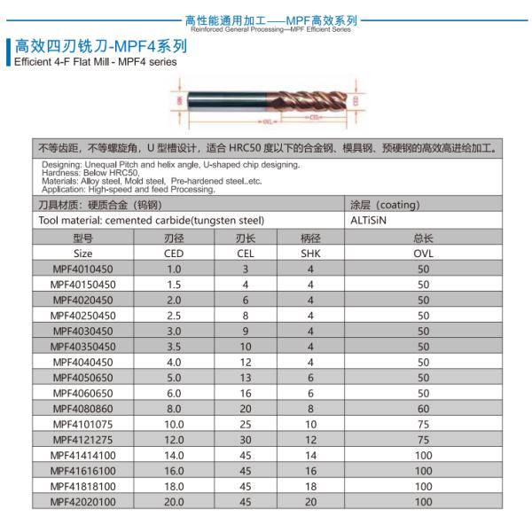 4mm MPF4 Universal 4 Flutes Flat End Mill for Dry Wet Machining of Carbon Steel Φ4x12x4Dx50mm