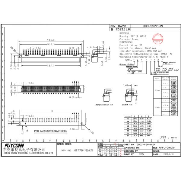 Angled DIN 41612 Connector 3 Rows 96 Pin PCB Female 396 DIN41612 Connector