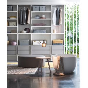 Light Grey Fitted Walk In Wardrobe Closet Customized With Dressing Table
