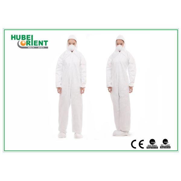White Disposable Protective Coveralls With Hood And Feetcover By SMS PE Polypropylene For Clean Environment