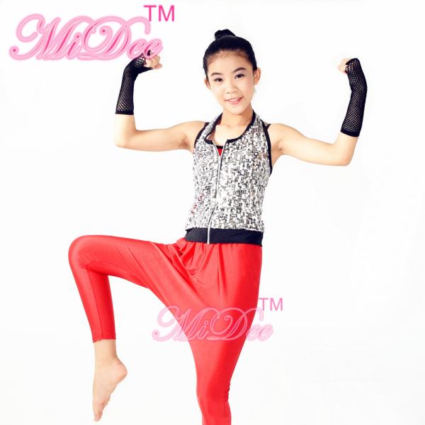 Sporty Hip Hop Dance Apparel Sleeveless Sequin Bodice Red Leotard With Fingerless Gloves