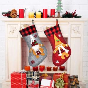 2 Pcs Christmas Stockings New Set, 3D Gnomes Soft Classic Red and Grey Fireplace
