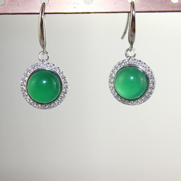 Sterling Silver 9mm Round Green Jade Cubic Zirconia Dangle Earrings( PSJ025E)
