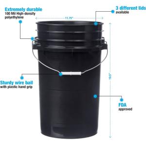 7 Gallon Black Food Grade Buckets + Gamma Seal Lids, BPA Free Container Storage,