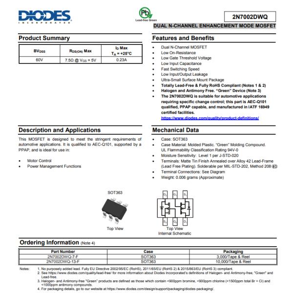 2N7002DWQ-13-F Mosfet Array 60V 230mA (Ta) 310mW (Ta) Surface Mount SOT-363