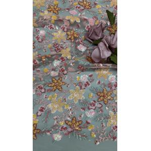 3D Flower Lace Fabric Mesh Lace For Gowns 100% Polyester Colorful Sequin