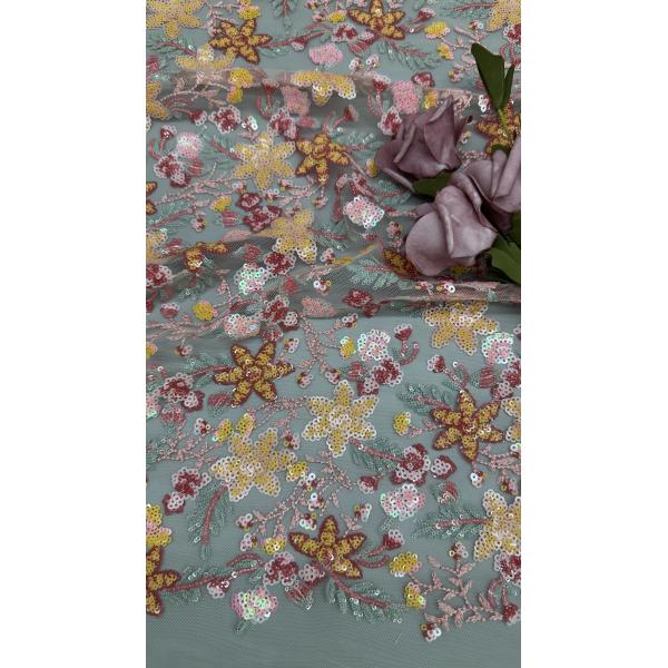 3D Flower Lace Fabric Mesh Lace For Gowns 100% Polyester Colorful Sequin