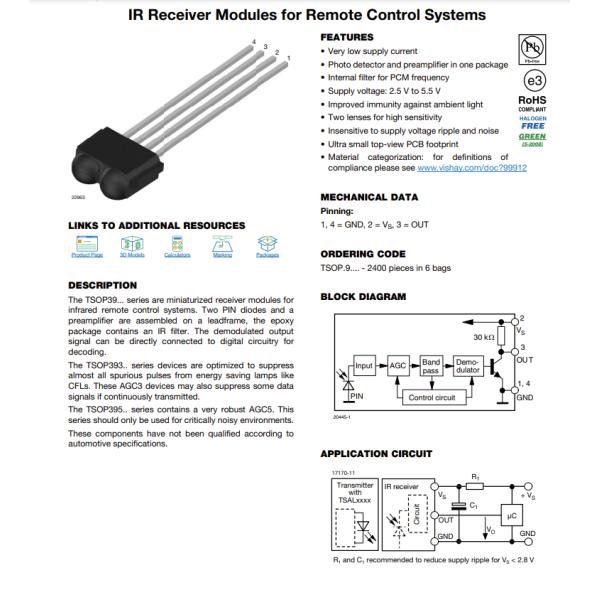 38KHZ 45M Remote Receiver Sensor REC TSOP39338 Through Hole Mount