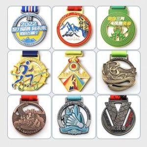Custom Sport Medal with Enamel Color Ribbon Attachment and Antique Finish for