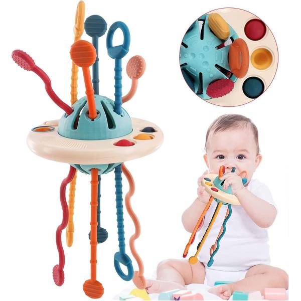 Baby Sensory Montessori Silicone Toy Travel Pull String Activity Toy for
