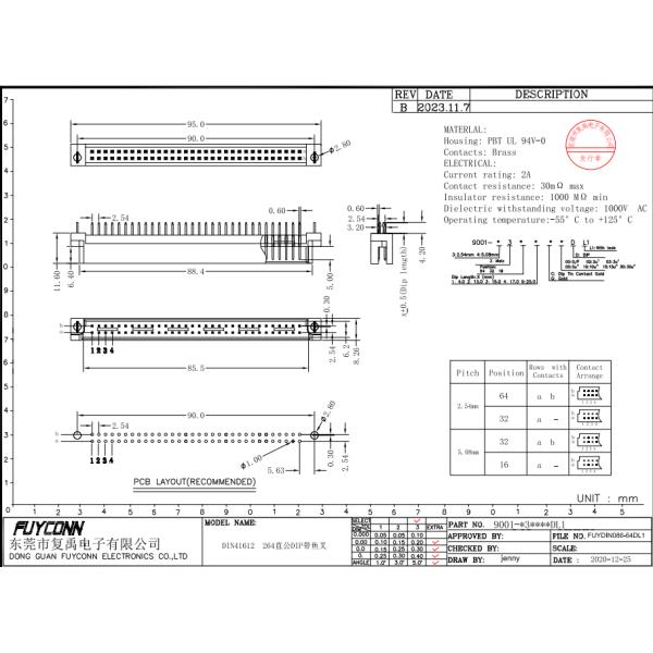 DIN41612 Male Connector 64 Pin Straight PCB 2 Rows 2*32 Pin Eurocard Connector W/ Harpoon