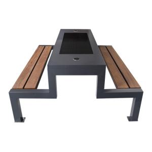China Outdoor Solar Table And Bench Black Metal Wood Bench With Solar Panel on sale