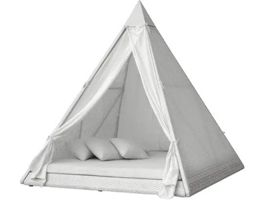 Triangular patio cabana with curtain wicker plastic canopy sunbed backyard