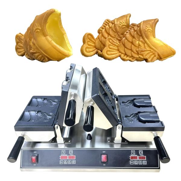 Quality Double Waffle Maker Ice Cream Machine with Open Mouth Fish Shape and Timer 0-10 minutes wholesale