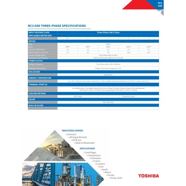 VFNC3S-2007PL-WP TOSHIBA Frequency Converter 0.7 KW 1 HP 4.2 Amp Single Phase 220 VAC