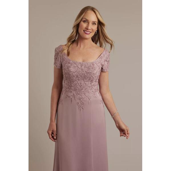 Exquisite Embroidered Zipper Short Sleeve Quartz Satin Split Slit Plus Size A-line Mother Of The Bride Dress