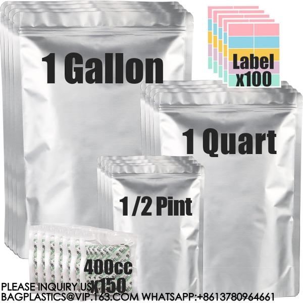 Mylar Bags For Food Storage With Oxygen Absorbers & Labels, 10 Mil Thick 3 Sizes