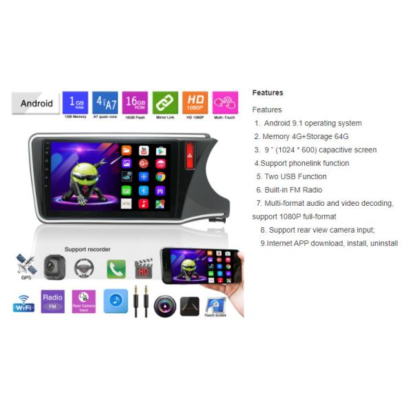 2014 - 2017 Honda City Android Head Unit Car Stereo 9 Inch RHD 3G Honda Android Radio